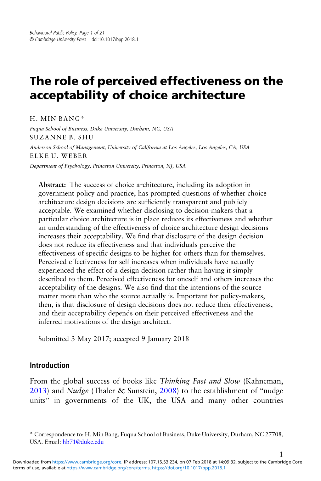 The Role of Perceived Effectiveness on the Acceptability of Choice Architecture