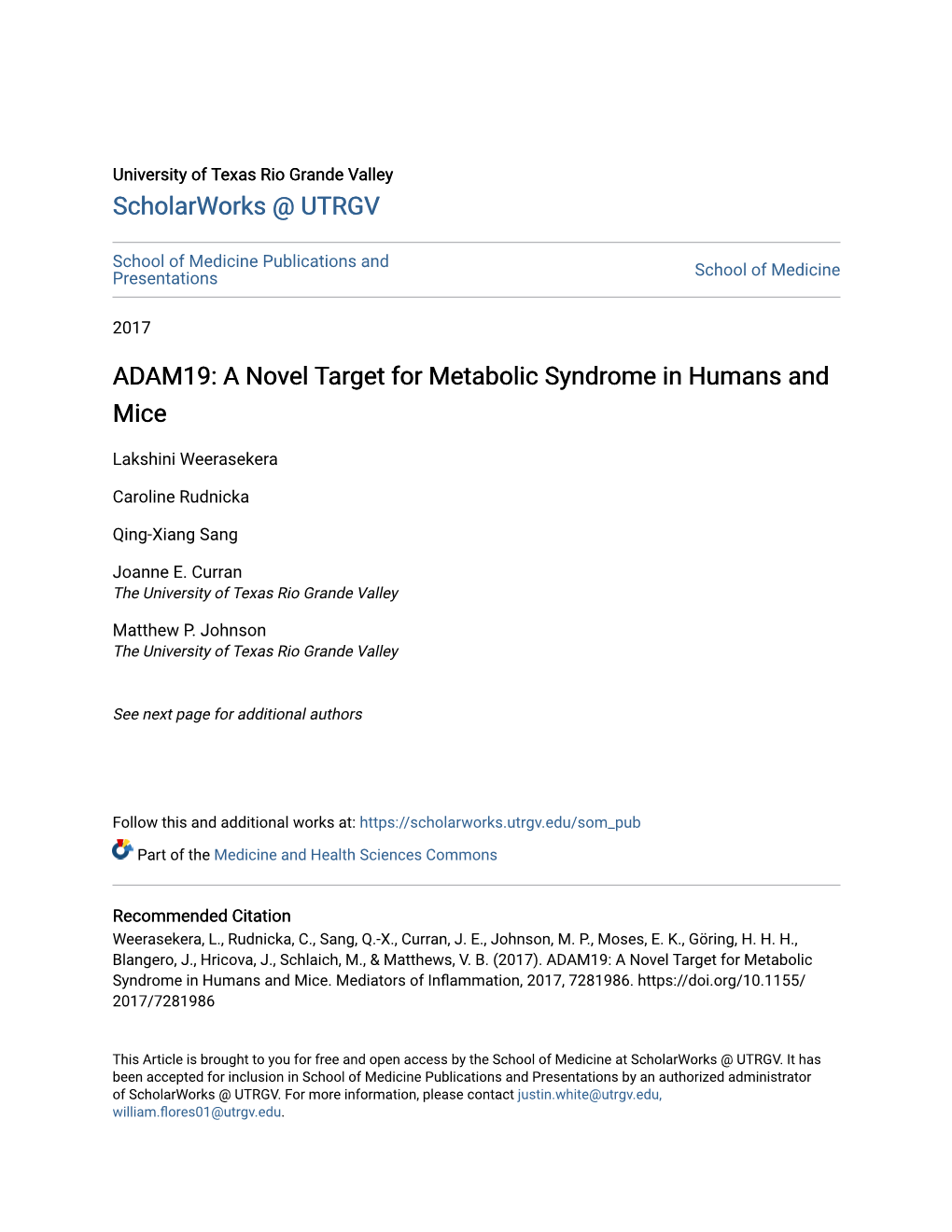 ADAM19: a Novel Target for Metabolic Syndrome in Humans and Mice