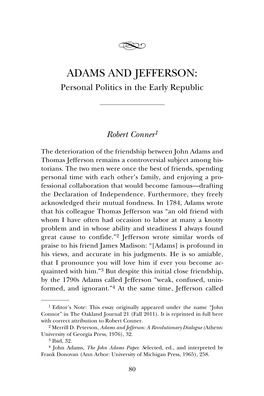 ADAMS and JEFFERSON: Personal Politics in the Early Republic