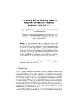 Automatic Author Profiling Based on Linguistic and Stylistic Features Notebook for PAN at CLEF 2013