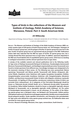 Types of Birds in the Collections of the Museum and Institute of Zoology, Polish Academy of Sciences, Warszawa, Poland