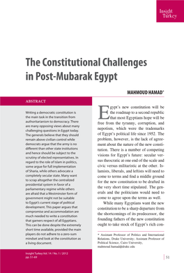 The Constitutional Challenges in Post-Mubarak Egypt