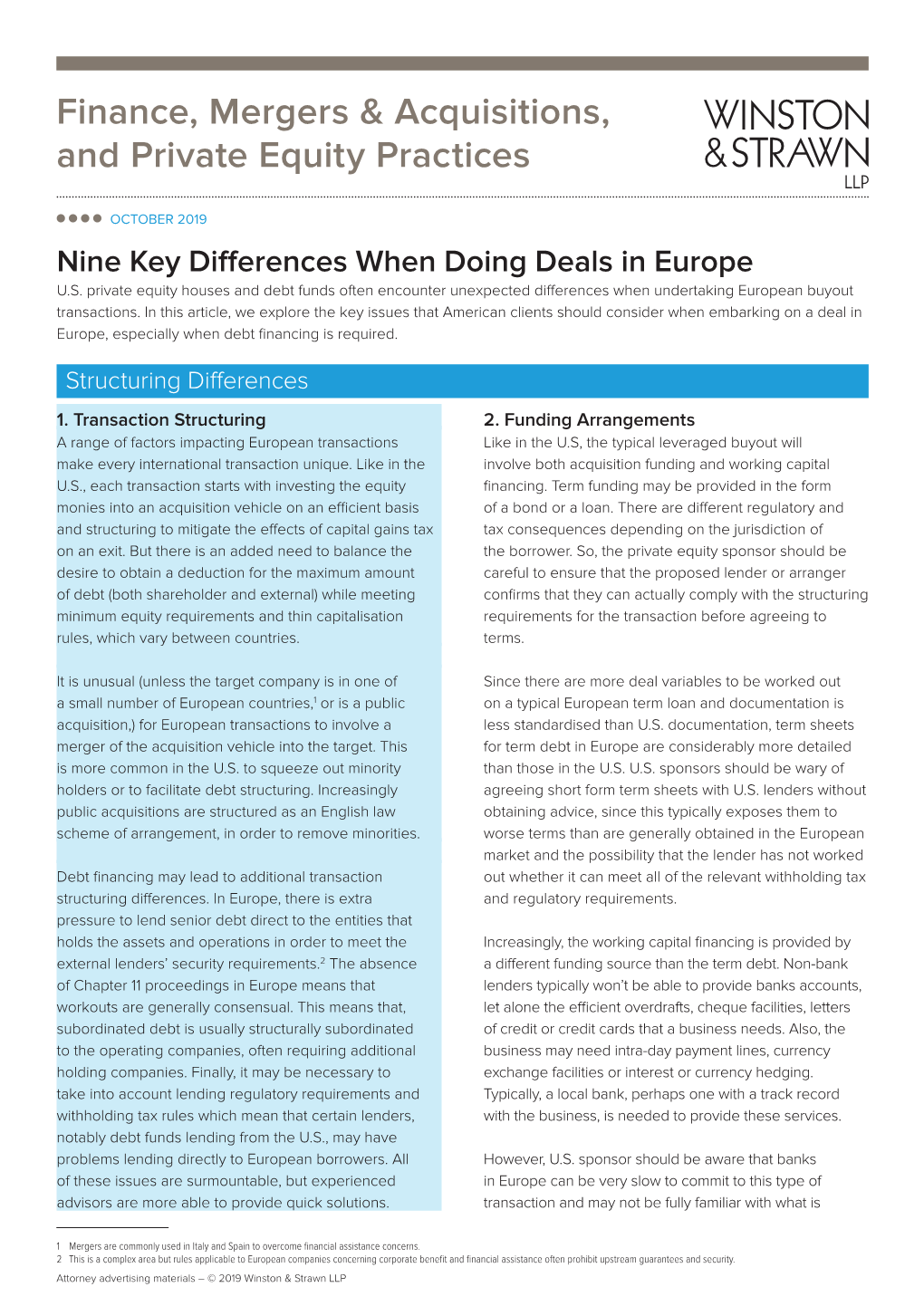 Finance, Mergers & Acquisitions, and Private Equity Practices