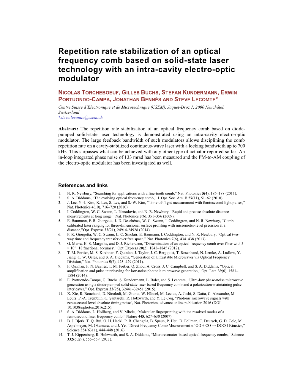 Repetition Rate Stabilization of an Optical Frequency Comb Based on Solid-State Laser Technology with an Intra-Cavity Electro-Optic Modulator