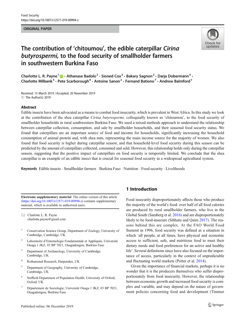 The Edible Caterpillar Cirina Butyrospermi, to the Food Security of Smallholder Farmers in Southwestern Burkina Faso