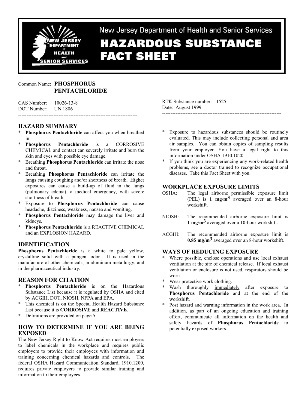 Pentachloride Hazard Summary Identification