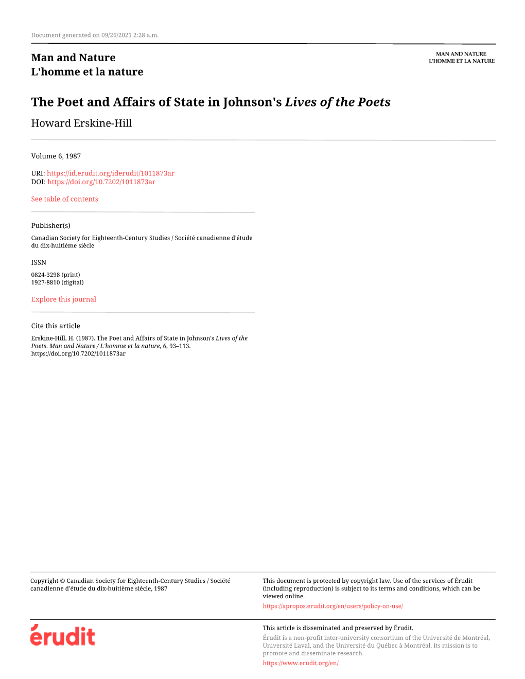 The Poet and Affairs of State in Johnson's Lives of the Poets Howard Erskine-Hill