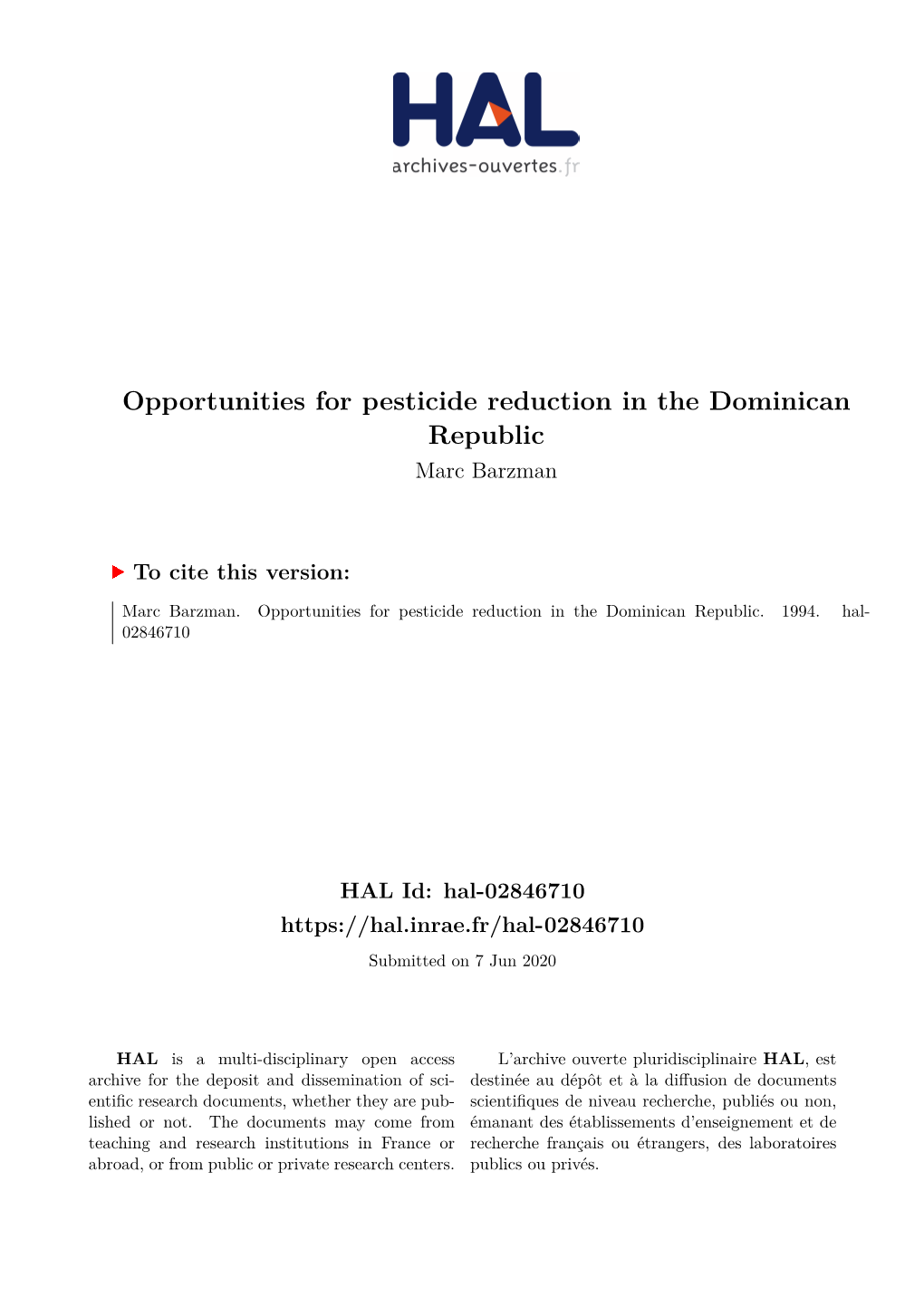 Opportunities for Pesticide Reduction in the Dominican Republic Marc Barzman