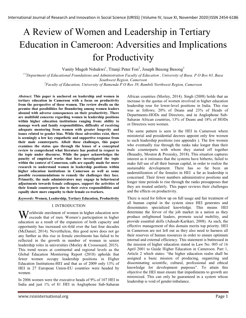 A Review of Women and Leadership in Tertiary Education in Cameroon: Adversities and Implications for Productivity