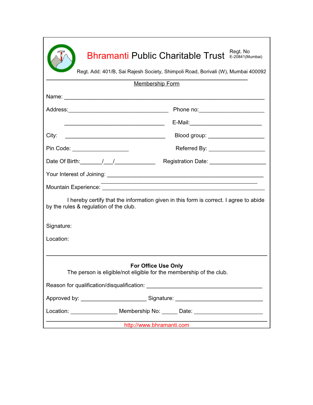 Bhramanti Public Charitable Trust Regt