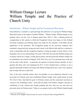 William Orange Lecture William Temple and the Practice of Church Unity