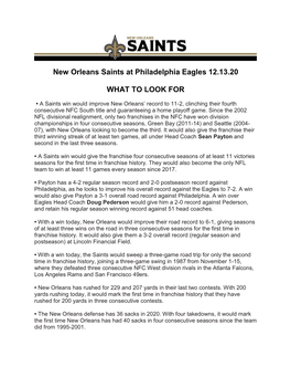 New Orleans Saints at Philadelphia Eagles 12.13.20 WHAT to LOOK