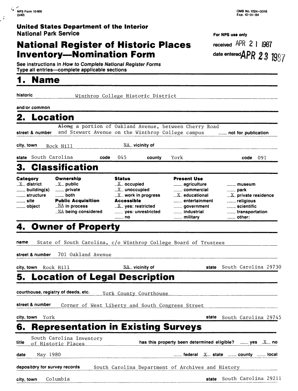 OT 2 3 1967 See Instructions in How to Complete National Register Forms Type All Entries Complete Applicable Sections______1