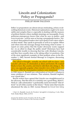 Lincoln and Colonization: Policy Or Propaganda? Phillip Shaw Paludan