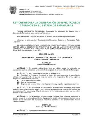 Ley Que Regula La Celebración De Espectáculos Taurinos En El Estado De Tamaulipas