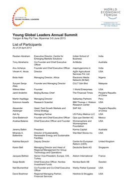 Young Global Leaders Annual Summit List of Participants