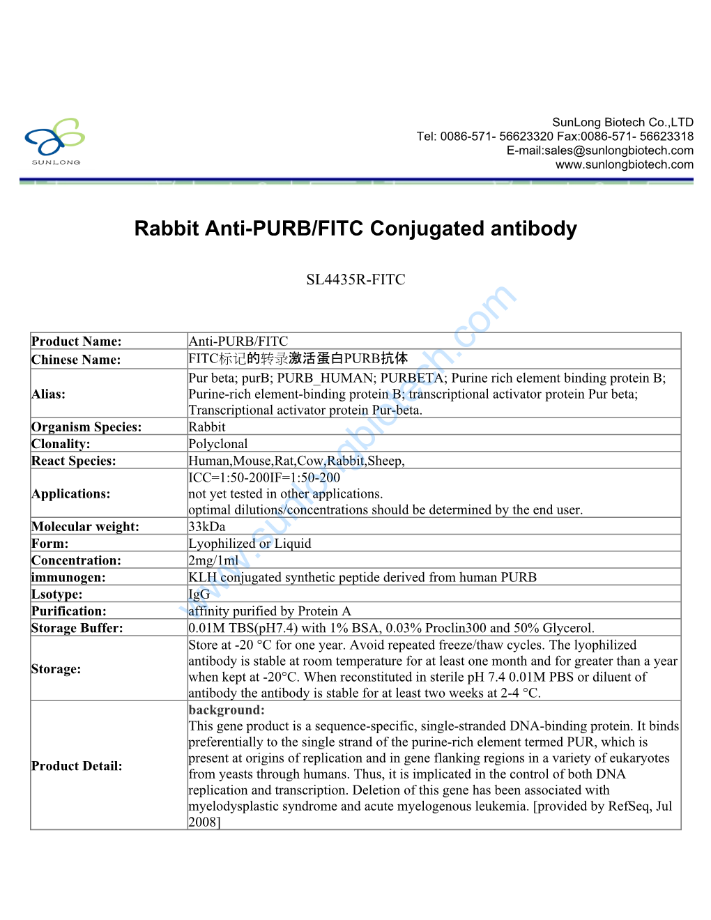 Rabbit Anti-PURB/FITC Conjugated Antibody
