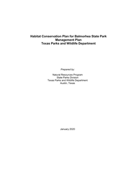 Habitat Conservation Plan for Balmorhea State Park Management Plan Texas Parks and Wildlife Department