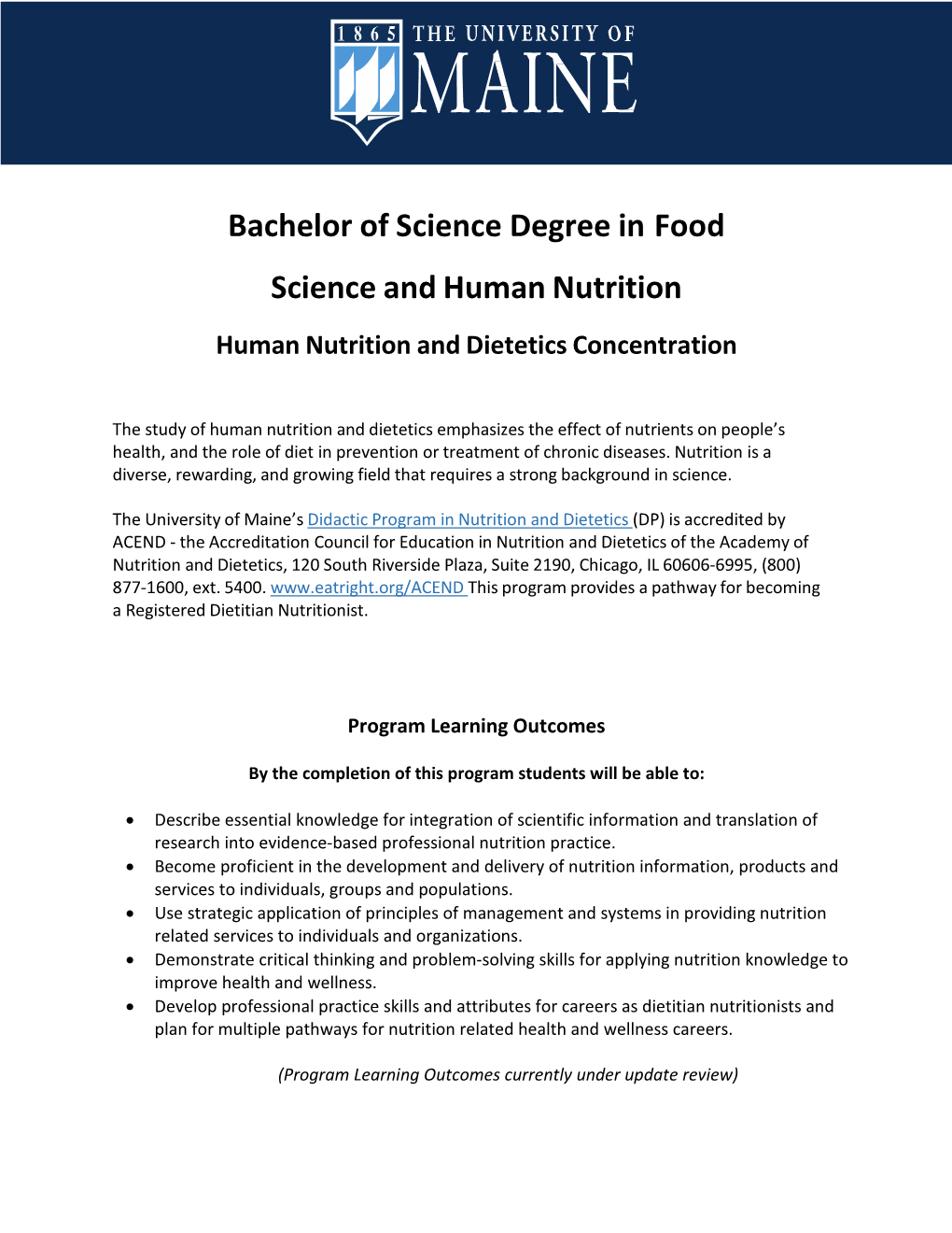 Human Nutrition and Dietetics Concentration