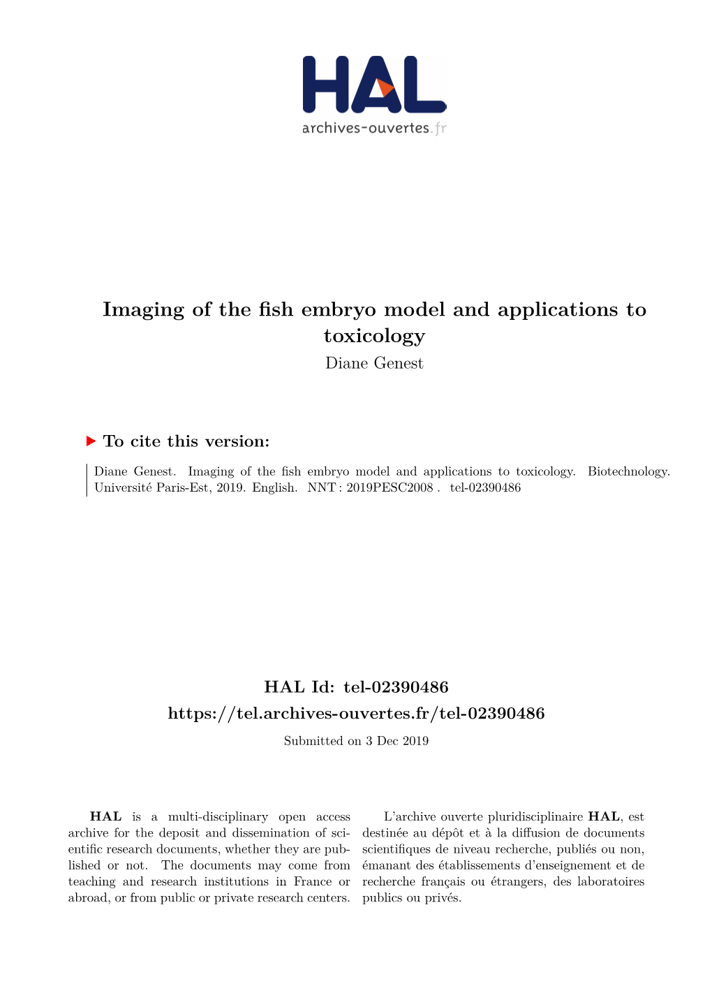 Imaging of the Fish Embryo Model and Applications to Toxicology Diane Genest