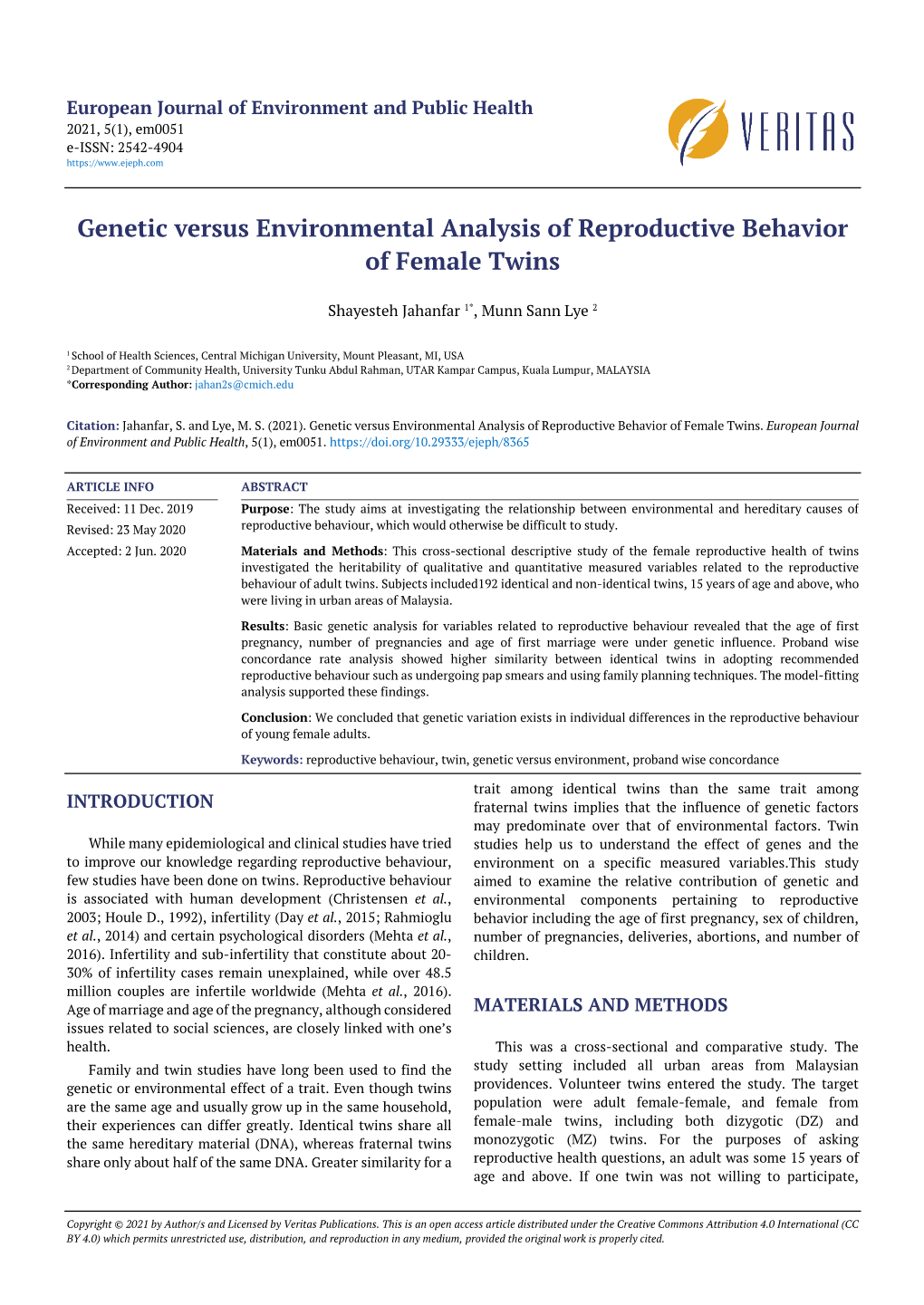 Genetic Versus Environmental Analysis of Reproductive Behavior of Female Twins