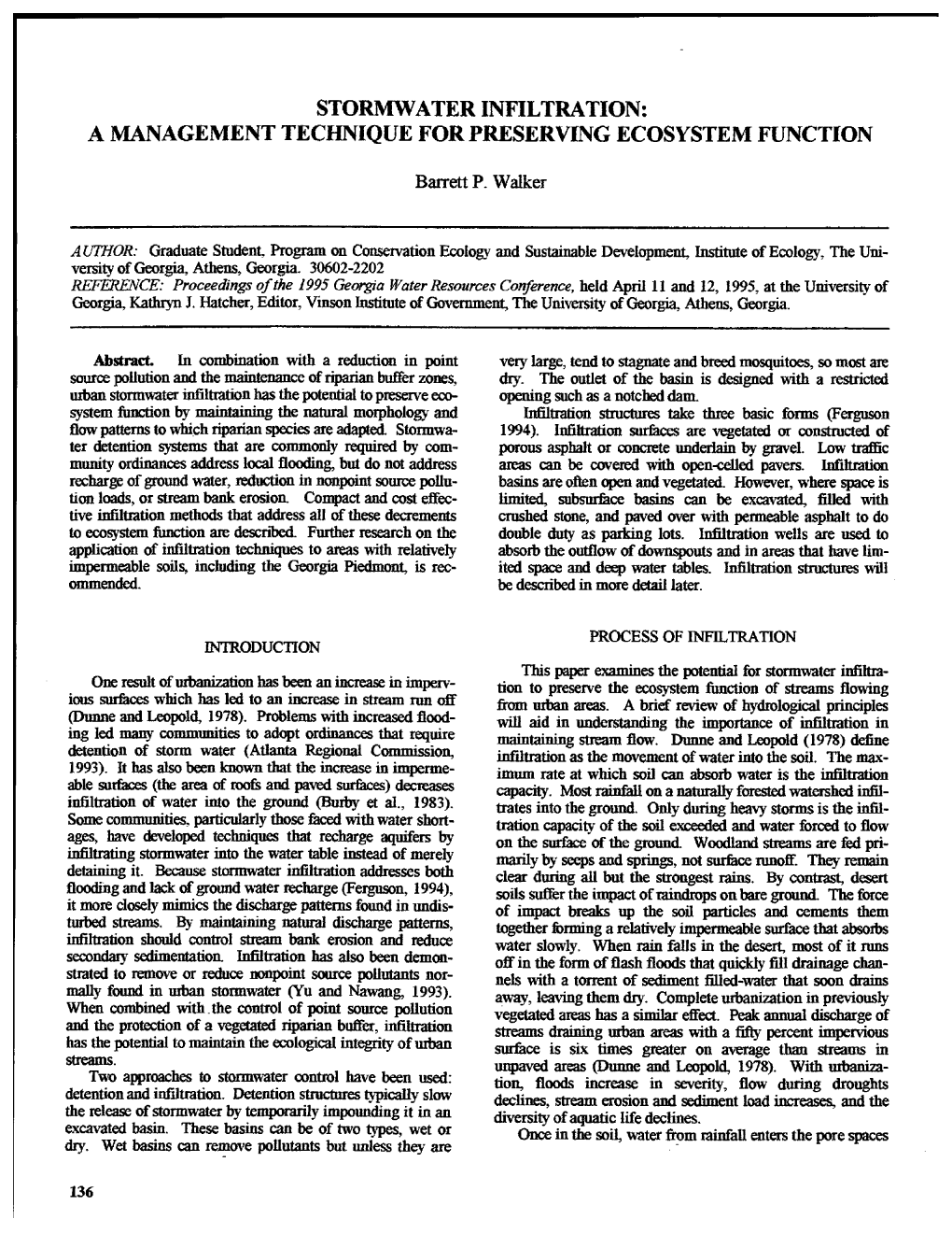 Stormwater Infiltration: a Management Technique for Preserving Ecosystem Function