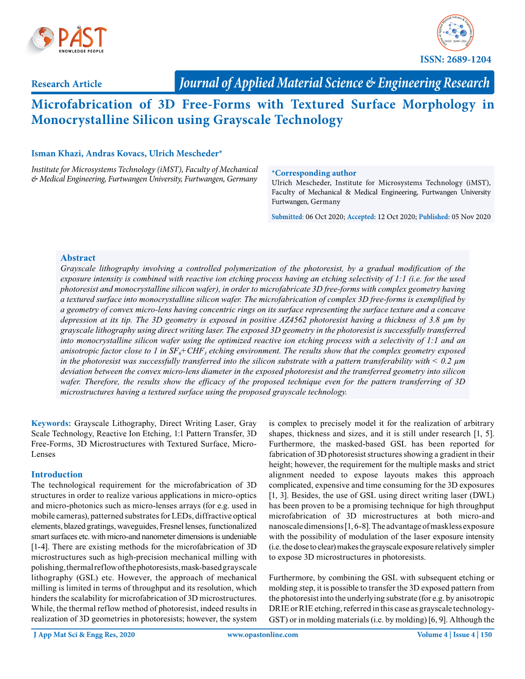 Microfabrication of 3D Free-Forms with Textured Surface Morphology in Monocrystalline Silicon Using Grayscale Technology