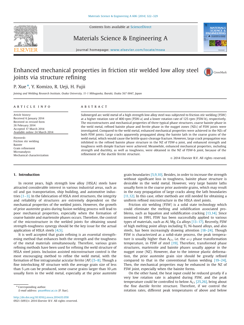 Enhanced Mechanical Properties in Friction Stir Welded Low Alloy Steel Joints Via Structure Reﬁning