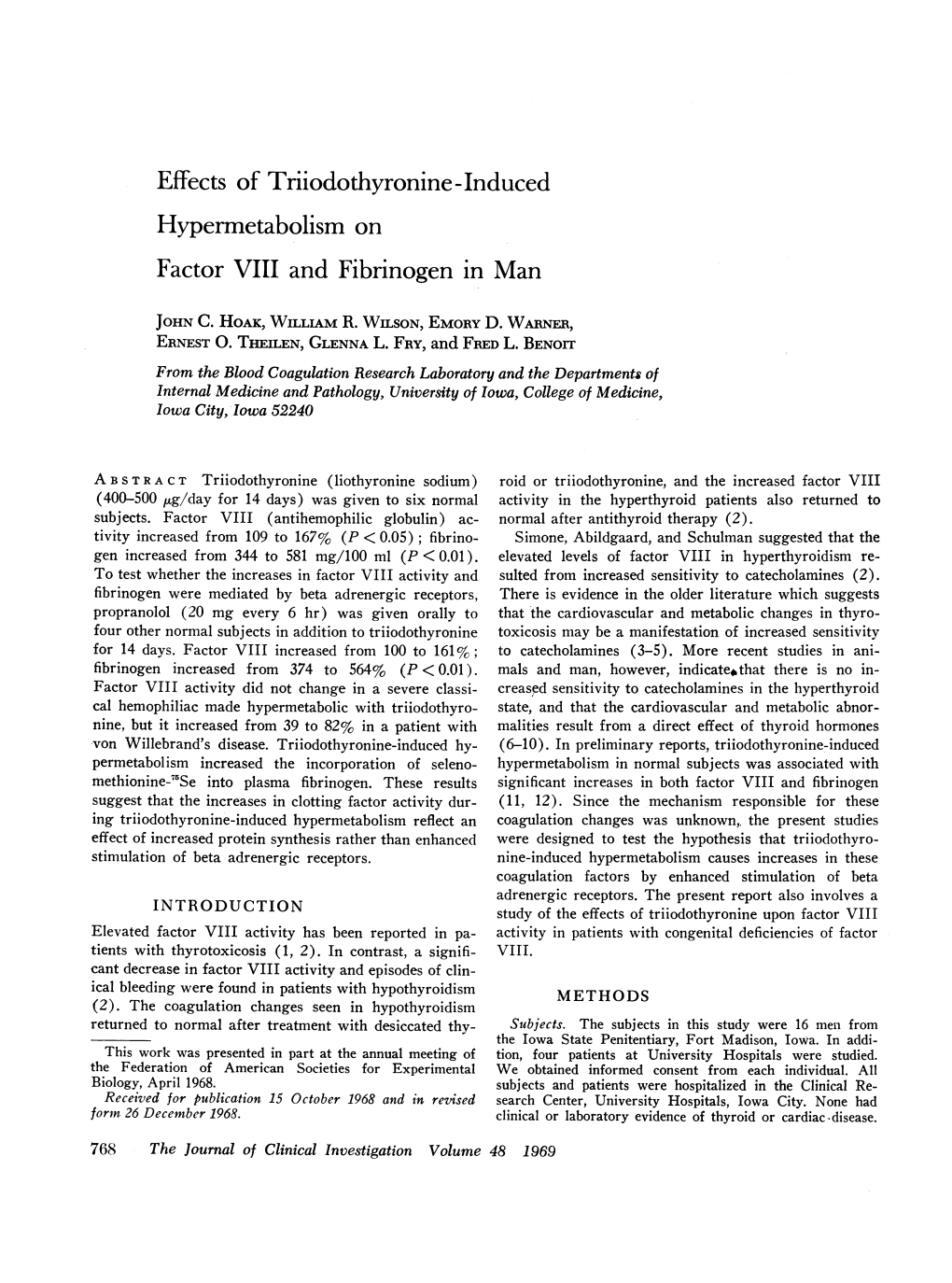 Effects of Triiodothyronine-Induced Hypennetabolism on Factor VIII And