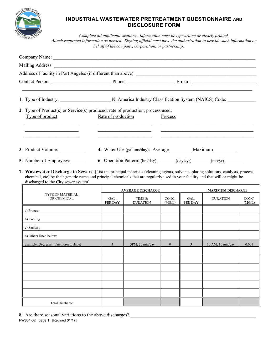 Industrial Wastewater Pretreatment Questionnaire and Disclosure Form