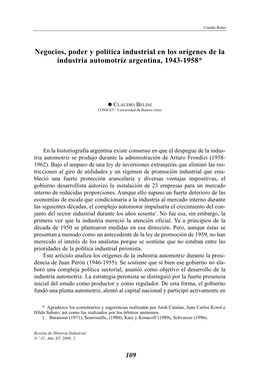 Negocios, Poder Y Política Industrial En Los Orígenes De La Industria Automotriz Argentina, 1943-1958*