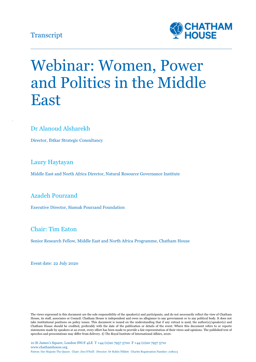 Webinar: Women, Power and Politics in the Middle East