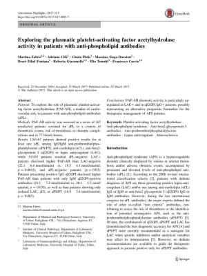 Exploring the Plasmatic Platelet-Activating Factor Acetylhydrolase Activity in Patients with Anti-Phospholipid Antibodies