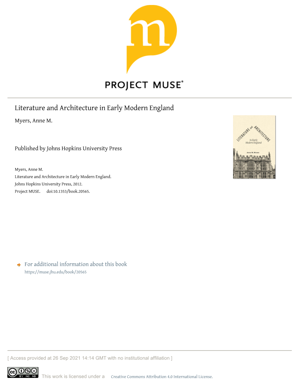 Literature and Architecture in Early Modern England Myers, Anne M