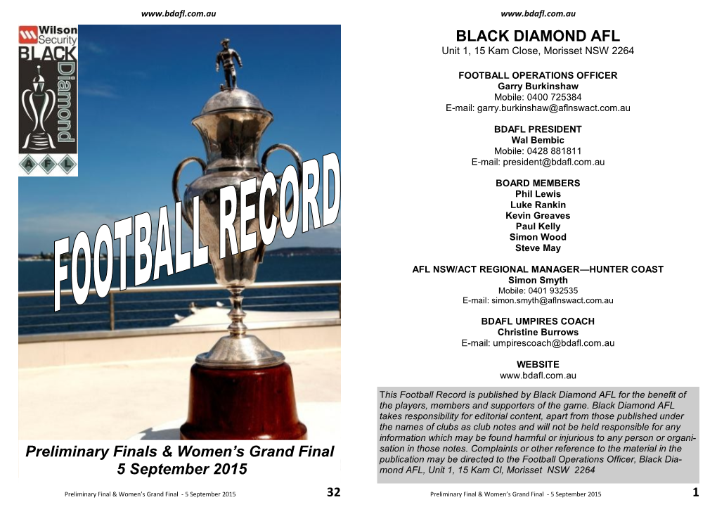 Preliminary Finals & Women's Grand Final 5 September 2015