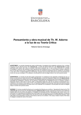 Pensamiento Y Obra Musical De Th. W. Adorno a La Luz De Su Teoría Crítica