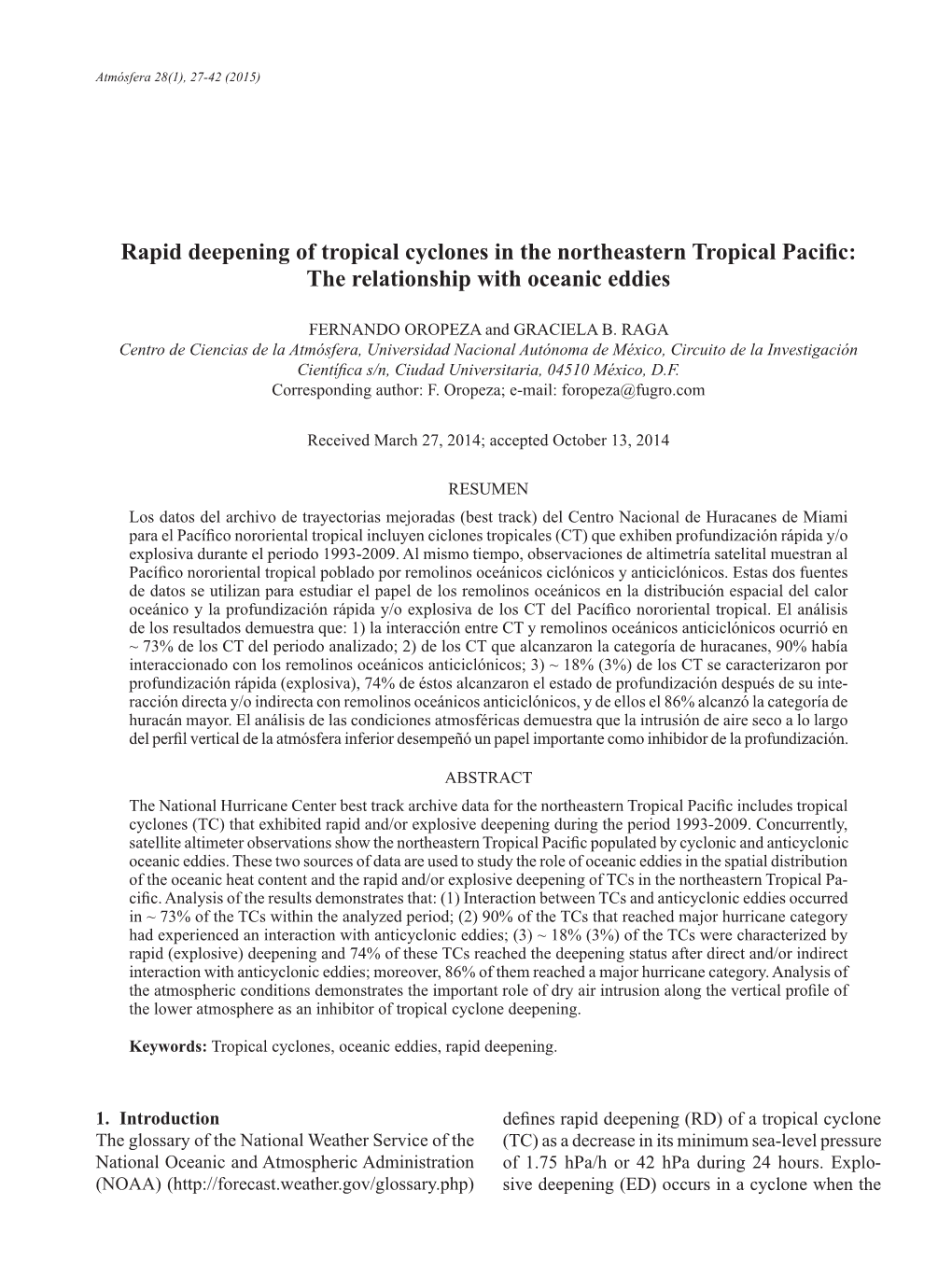 Rapid Deepening of Tropical Cyclones in the Northeastern Tropical Pacific: the Relationship with Oceanic Eddies