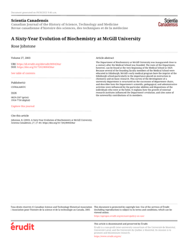 A Sixty-Year Evolution of Biochemistry at Mcgill University Rose Johstone
