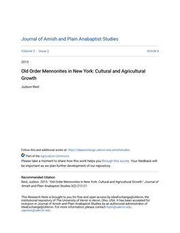 Old Order Mennonites in New York: Cultural and Agricultural Growth