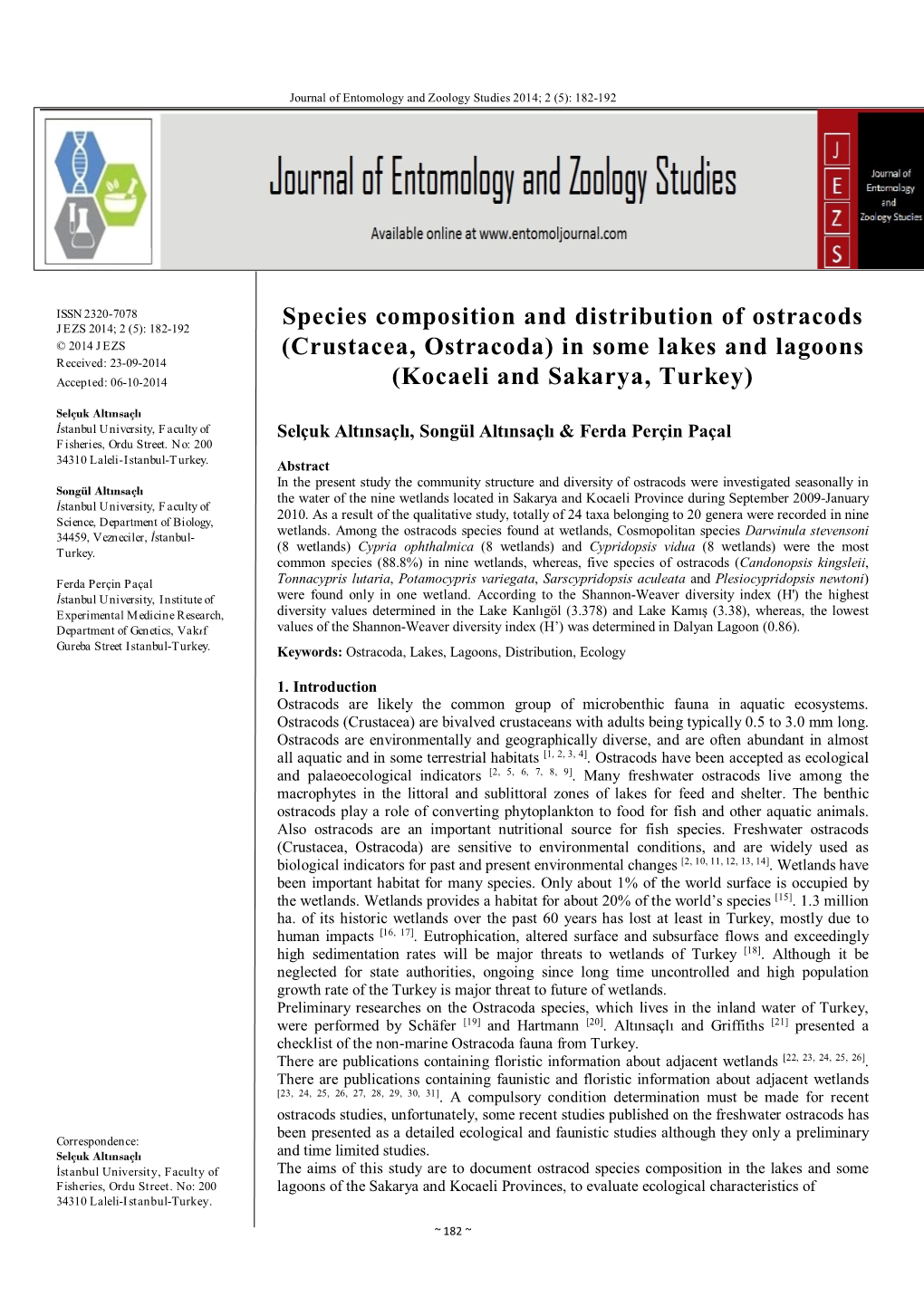 Species Composition and Distribution of Ostracods (Crustacea, Ostracoda) in Some Lakes and Lagoons (Kocaeli and Sakarya, Turkey)