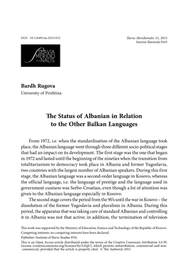 The Status of Albanian in Relation to the Other Balkan Languages