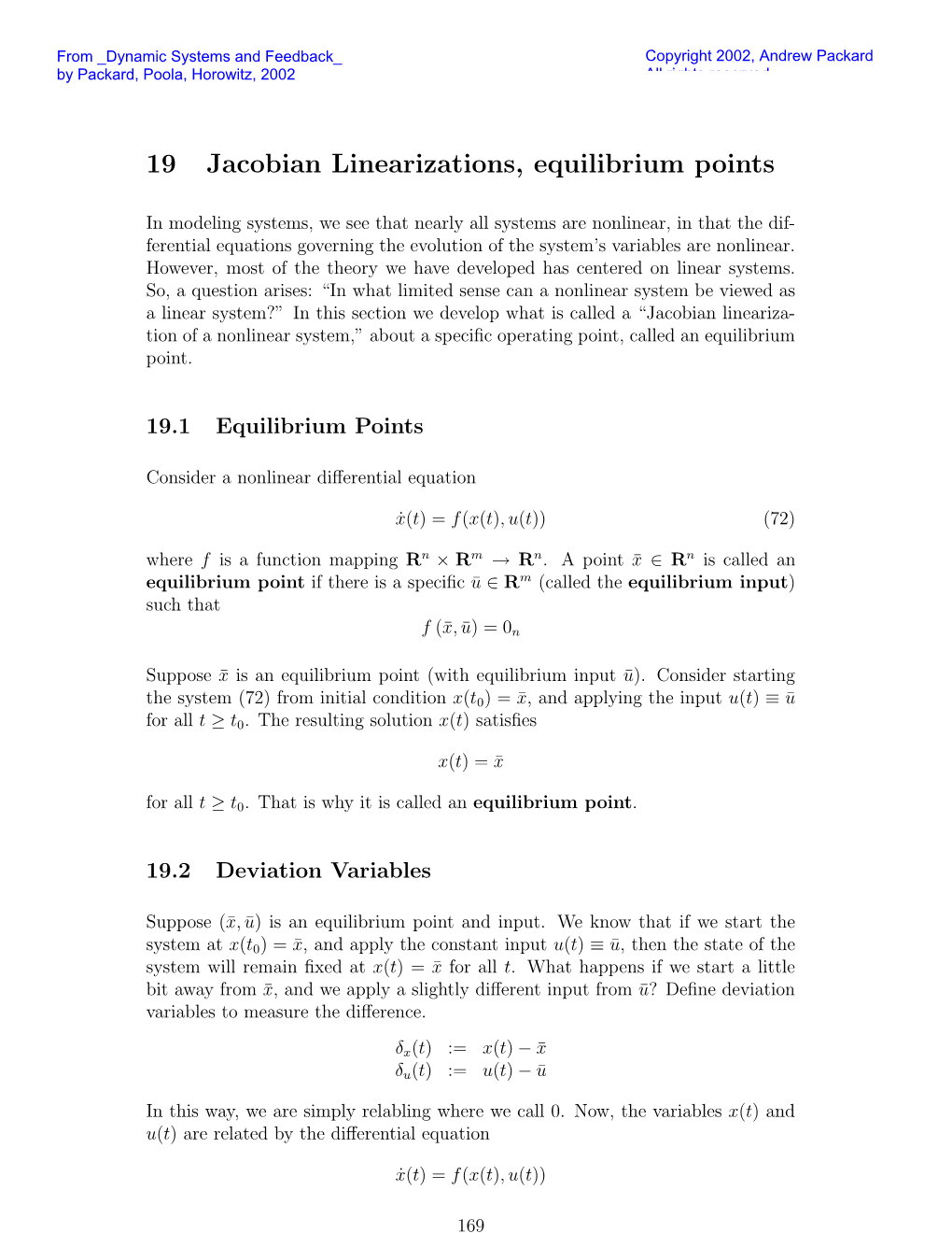 19 Jacobian Linearizations, Equilibrium Points