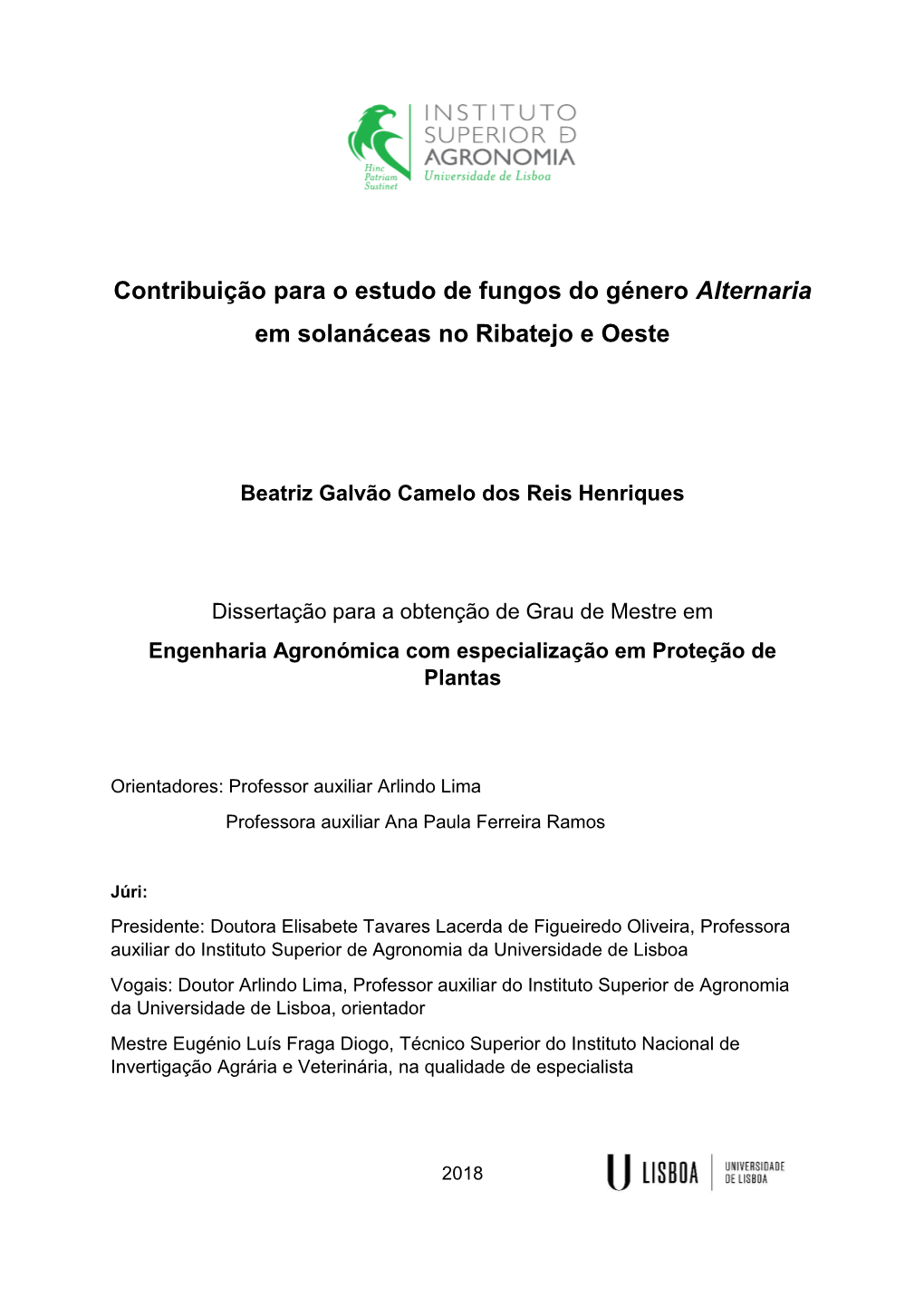 Contribuição Para O Estudo De Fungos Do Género Alternaria Em Solanáceas No Ribatejo E Oeste