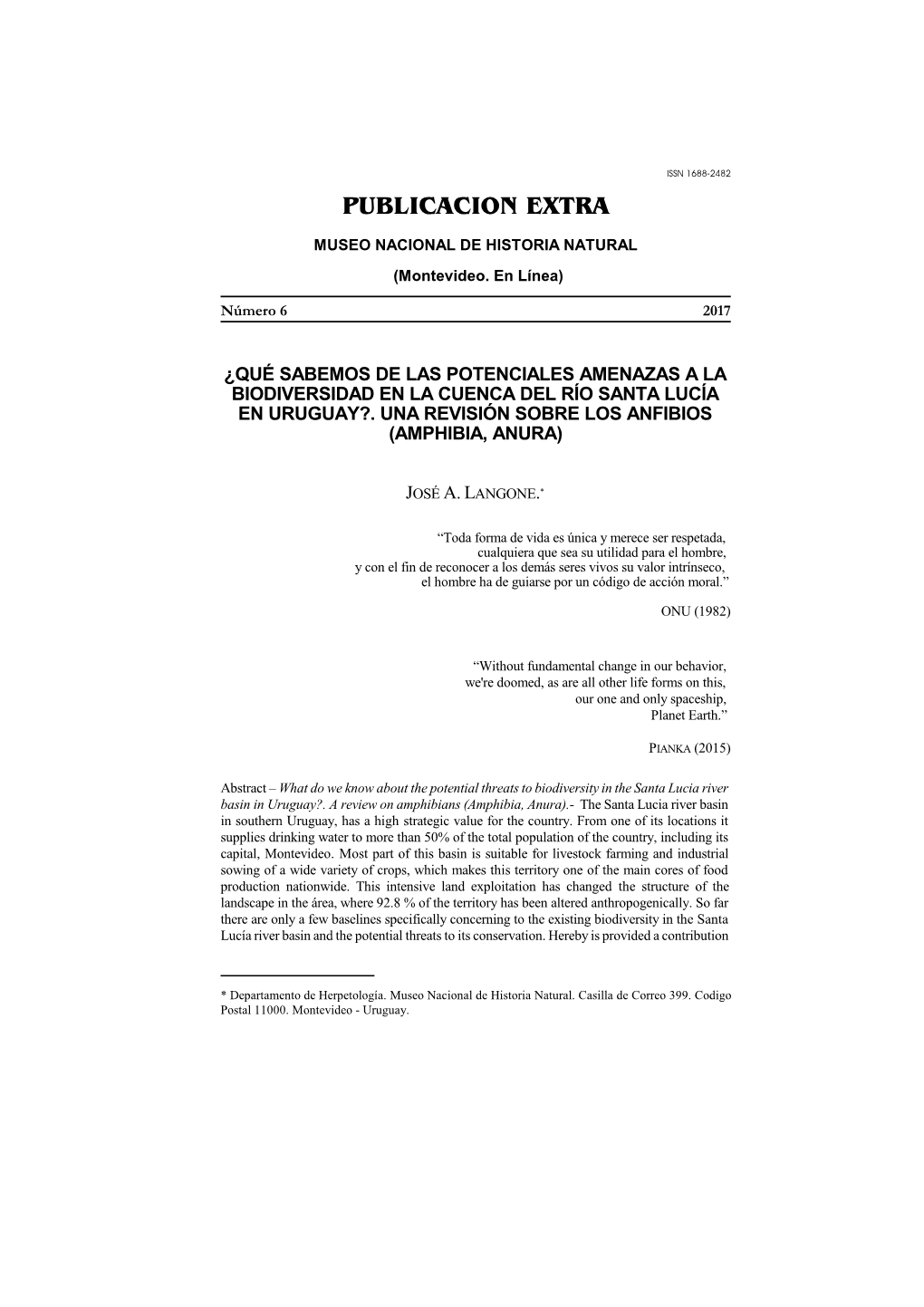 LANGONE, J.: Anfibios En La Cuenca Del Río Santa Lucía