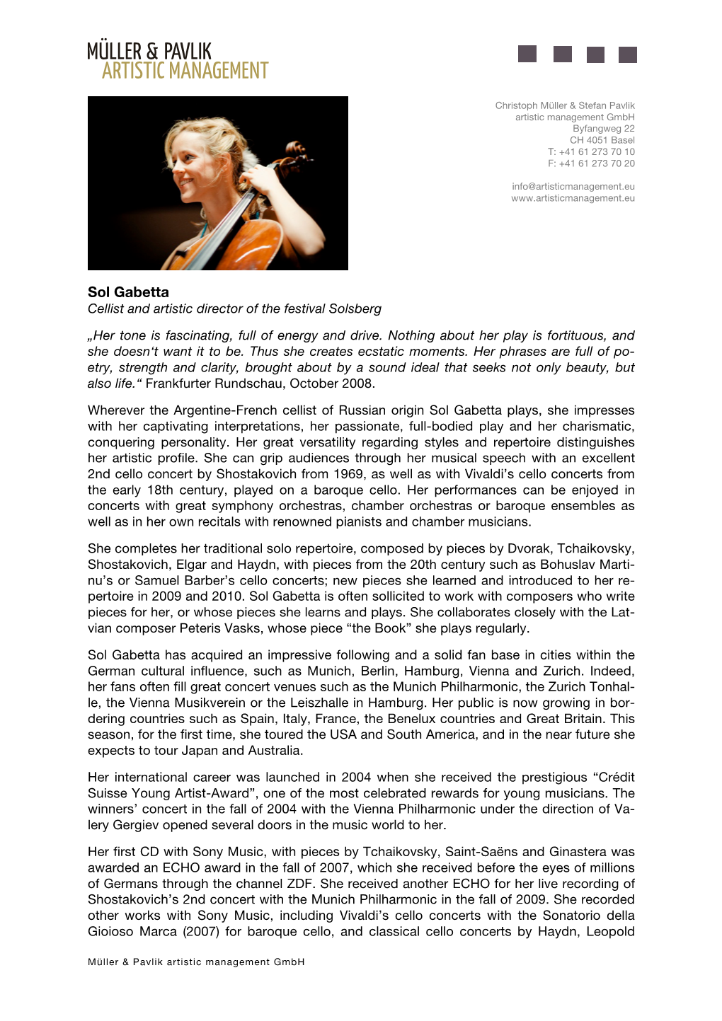 Sol Gabetta Cellist and Artistic Director of the Festival Solsberg