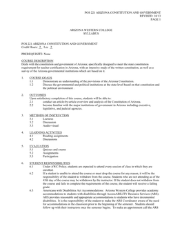 Pos 221 Arizona Constitution and Government Revised: 10/13 Page 1 Arizona Western College Syllabus Pos 221 Arizona Constituti