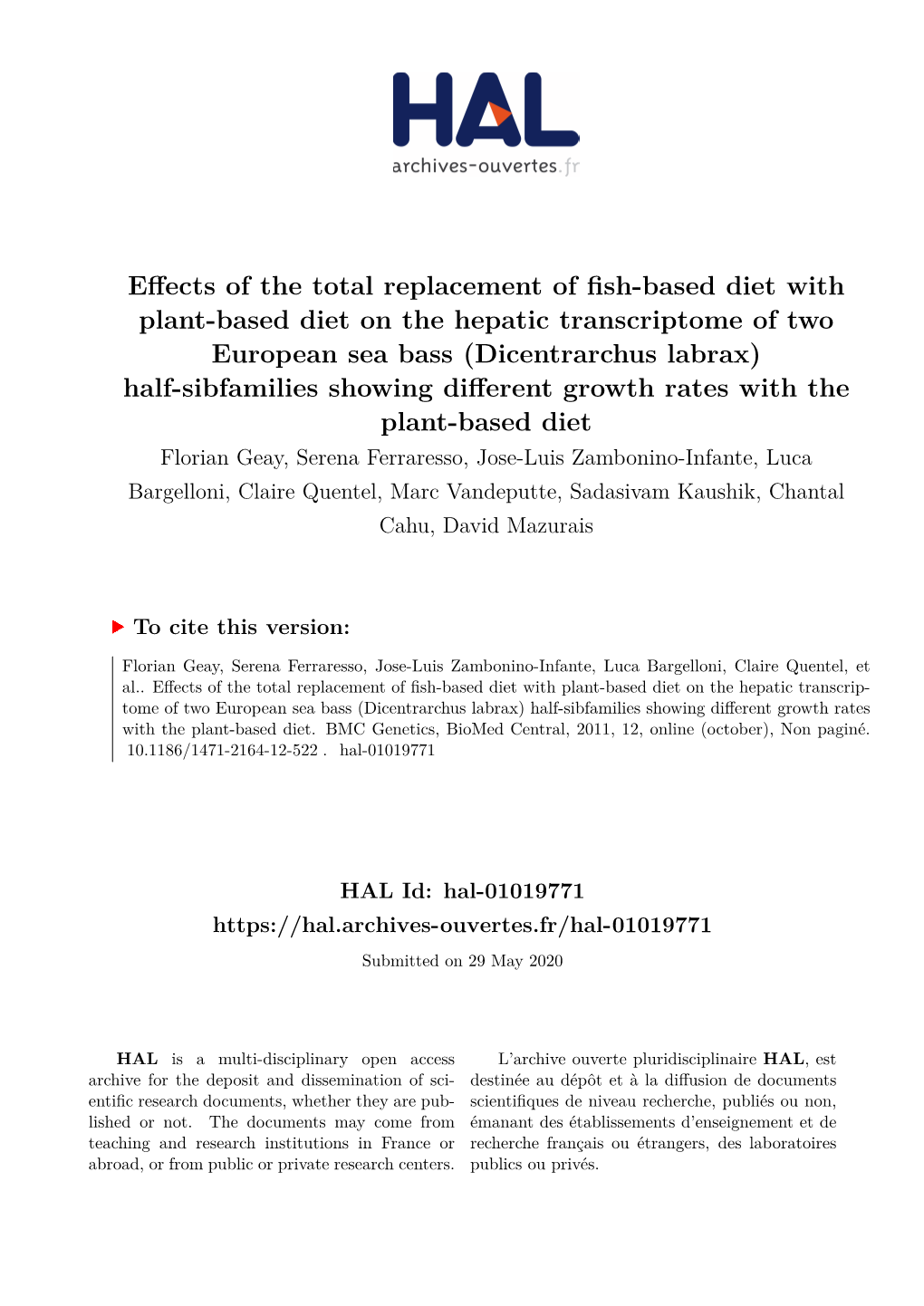 Effects of the Total Replacement of Fish-Based Diet with Plant-Based Diet on the Hepatic Transcriptome of Two European Sea Bass