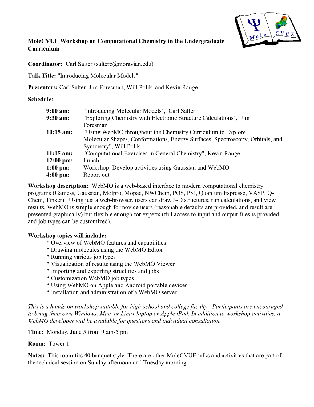 Molecvue Workshop on Computational Chemistry in the Undergraduate Curriculum