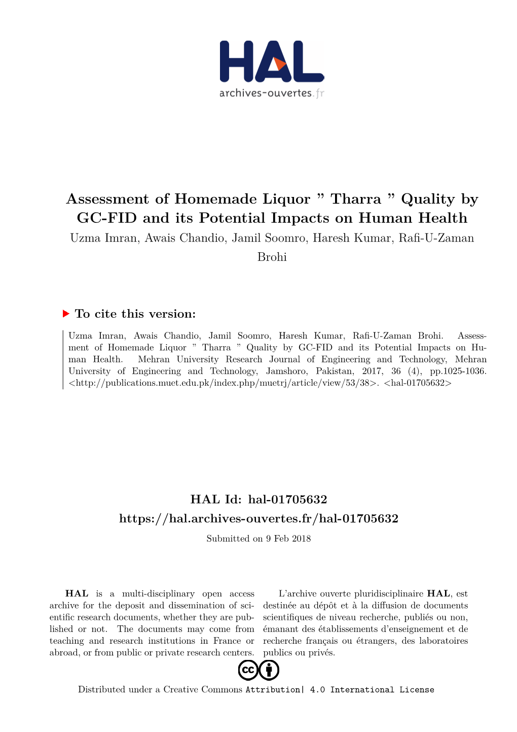 Assessment of Homemade Liquor “Tharra” Quality by GC-FID and Its Potential Impacts on Human Health