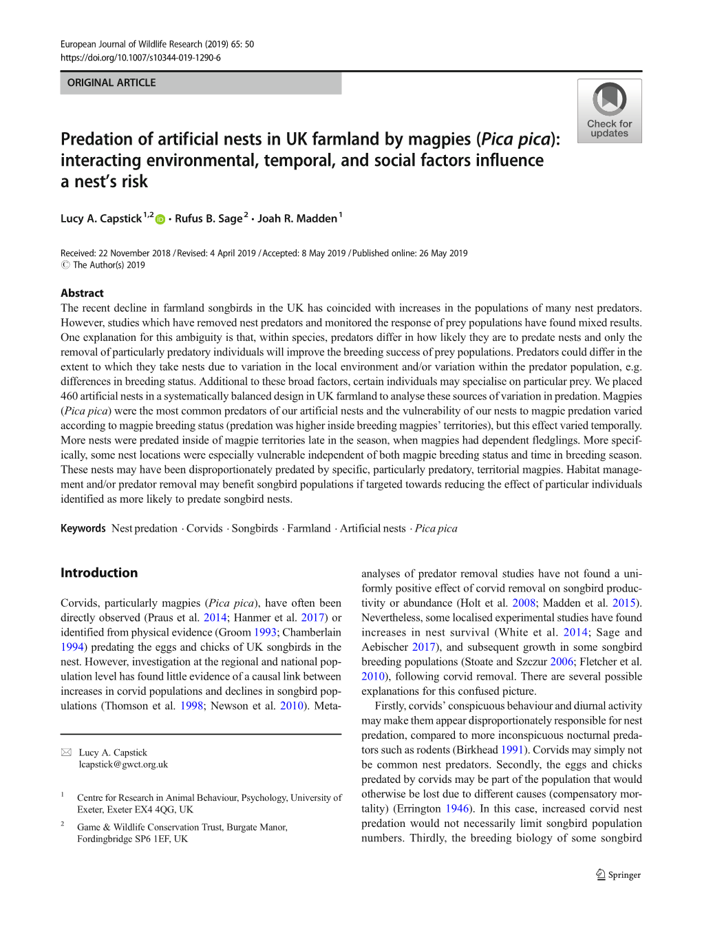 Predation of Artificial Nests in UK Farmland by Magpies (Pica Pica): Interacting Environmental, Temporal, and Social Factors Influence Anest’Srisk